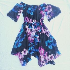 Jennifer Lopez Black Pink and Blue Floral Off Shoulder Dress, Size XS
